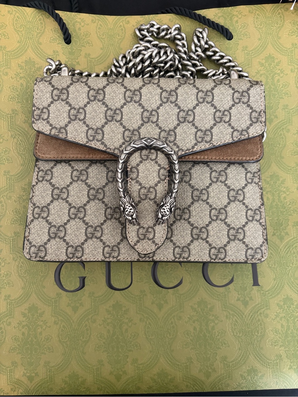 Gucci Beige GG Supreme Dionysus Shoulder Bag with Brown Trim